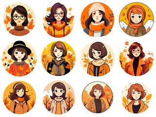 秋色テーマの女性キャラクター、プロフィール写真用イラストアイコン集（背景透過） - obrazy, fototapety, plakaty