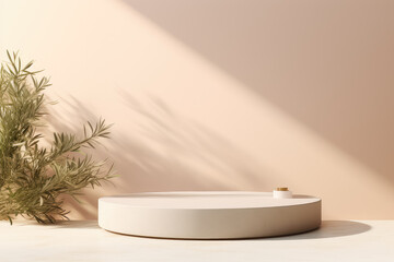 Create an attractive product presentation with our minimalist podium and olive tree branch setup, ideal for cosmetic mockups and natural product displays.