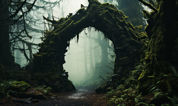 Mysterious ancient archway in a foggy, dark forest at night, evoking an eerie, suspenseful atmosphere akin to a fantasy or horror tale setting