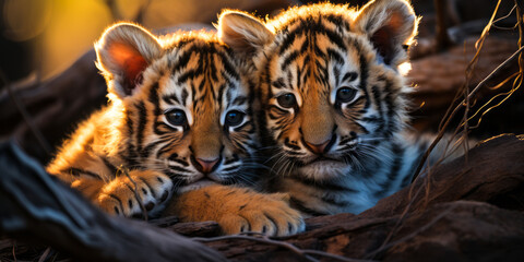 Tender Embrace of Sibling Tiger Cubs Basking in a Warm Light Amidst the Shadows of the Jungle