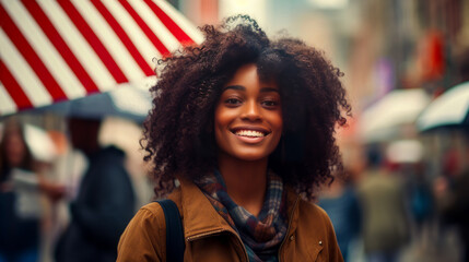 Happy, afro black woman with flag in the city on the Independence Day holidays of the United States...