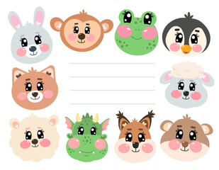 Cute animal frame with simple lines for texting. Kawaii animal frame lined with rabbit, bunny, penguin, monkey, frog, cat, dragon, squirrel, alpaca, lamb, sheep, hamster. Kawaii animals set for baby