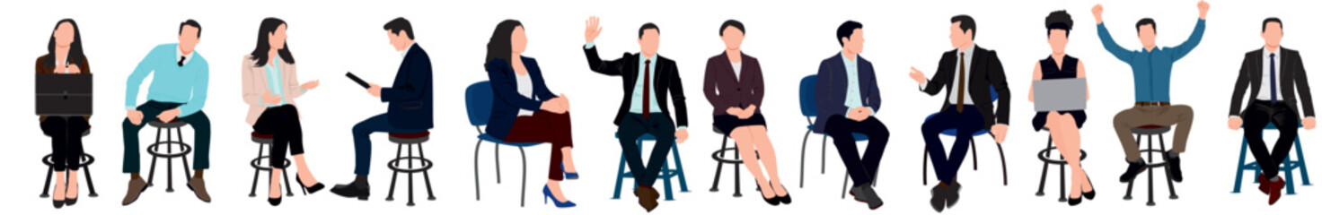 Diverse Business people sitting, taking part in meeting, business event. Set of Different men, women sitting on  armchair, stool. Inclusive business concept. Vector illustration isolated. - obrazy, fototapety, plakaty