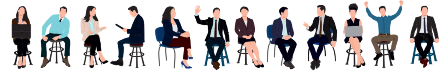 Foto op Plexiglas Diverse Business people sitting, taking part in meeting, business event. Set of Different men, women sitting on  armchair, stool. Inclusive business concept. Vector illustration isolated. © LazyArtist
