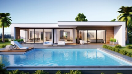 Fototapeta premium 3d rendering of modern house by the river at morning, house, luxury, villa, modern, architecture, building, exterior, residential, property, designer.