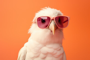 A white bird in sunglasses, set against a peach and pink pastel background, perfect for a stylish and whimsical theme.