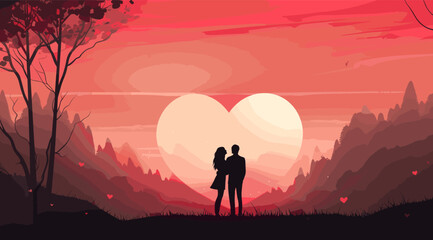 Silhouette of a couple kissing on the background of hearts at sunset