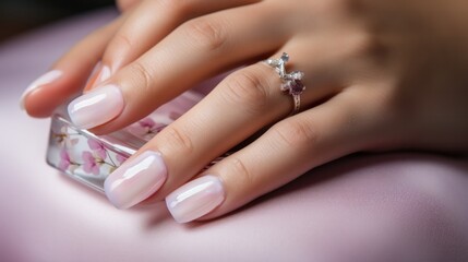 Woman show beautiful nail after receive care service by professional Beautician Manicure at spa centre. Nail beauty salon use nail file for Glazing treatment. manicurist make nail to beautiful.