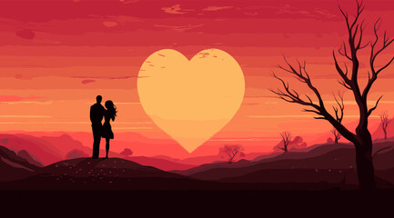 a couple in love at sunset on the background of a landscape with the sun in the shape of a heart