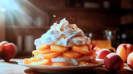 A close-up shot capturing the juicy goodness of sliced peaches layered with a cloud of whipped...
