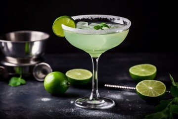 Margarita. cocktail with lime on a black background. Margarita cocktail with lime and ice