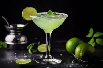 Margarita. cocktail with lime on a black background. Margarita cocktail with lime and ice