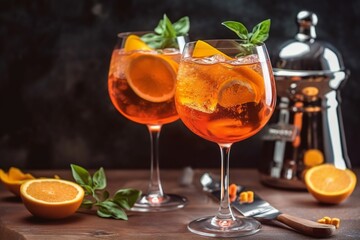 aperol sprits cocktail. Cocktail aperol spritz in big wine glass with water drops on dark background