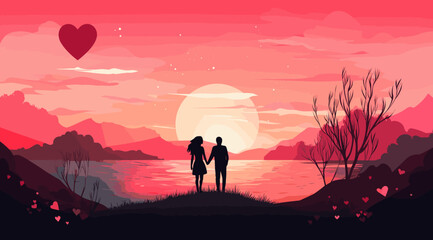 couple in love at sunset on the background of the landscape. vector illustration