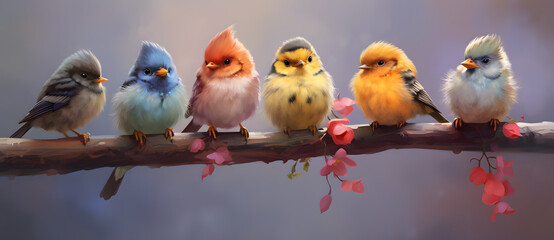 Colorful birds in a row on a branch