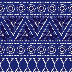 Vector blue shibori polygon ethnic stripes 02 abstract seamless pattern. Suitable for textile, gift wrap and wallpaper.