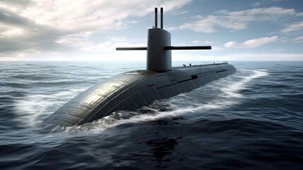 Heavy atomic submarine floating in ocean. Excellent aerials over a submarine at sea.