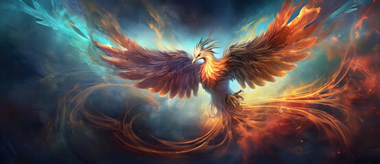 Majestic phoenix in vibrant flight - obrazy, fototapety, plakaty