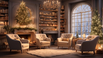 Cozy bookstore corner with fireplace and armchairs
