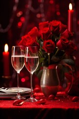 Valentine's day background with two glasses of champagne and roses. vertical orientation - obrazy, fototapety, plakaty