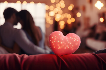 Experience the joy and comfort of love with this image of a couple embracing on a couch, featuring a charming heart pillow and a gentle bokeh background.