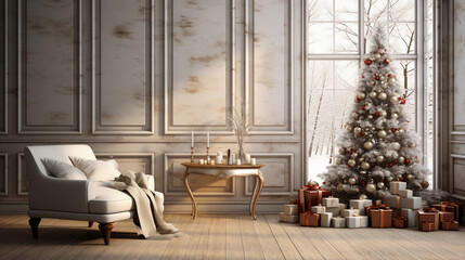 Christmas Living room home interior. Wall mock up background