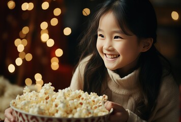 Naklejka premium Cheerful girl with popcorn in a cozy indoor setting