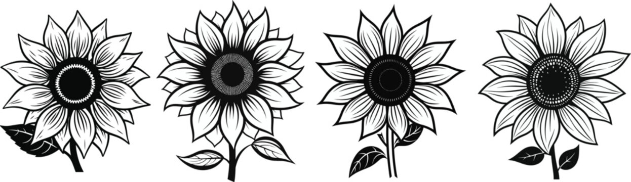 Black and white sunflower outline vector illustration set - sunflower line art - spring summer sunflower monochrome doodle silhouette clip art - sunflower logo