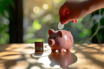 classic moment of a hand releasing a coin into a piggy bank. Ensure the background is neutral and empty, emphasizing the act of saving. Use cinematic lighting to add depth and warm