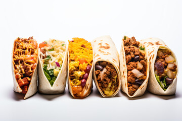 a row of tacos with different toppings on a white surface