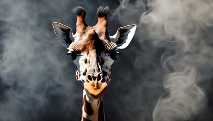 Close male giraffe in smoke on dark background