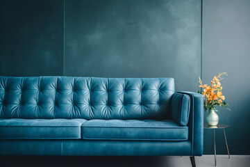 a blue couch with a vase of flowers on it