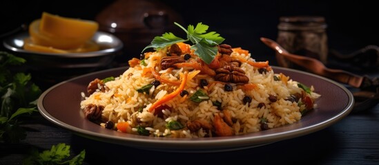 Oriental pilaf with a pleasant aroma, served on a plate. - obrazy, fototapety, plakaty