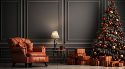 Christmas Living room home interior. Wall mock up background