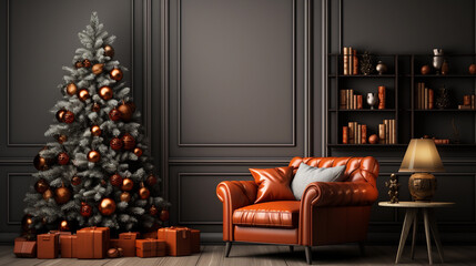 Christmas Living room home interior. Wall mock up background