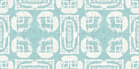 Aqua teal blue white vibrant watercolor batik azulejos tile border banner background. Seamless coastal blur linen effect geometric mosaic effect.Boho Patchwork nautical masculine summer ribbon trim. 