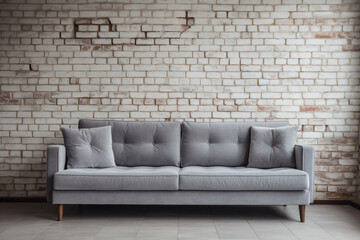 a couch with pillows sitting in front of a brick wall