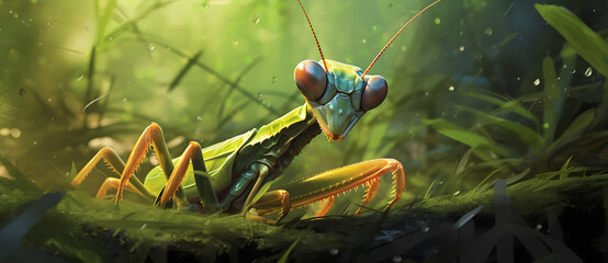 Praying mantis in sunlight on forest floor - obrazy, fototapety, plakaty