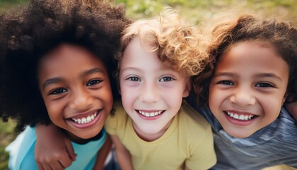 Group of cheerful happy multiethnic children outdoors .Group of diverse happy multiethnic children