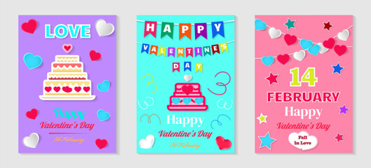 Vector illustrations with pink, white, blue heart, heart flag and cake elements for a Valentine's Day banner or greeting card set of three concepts.