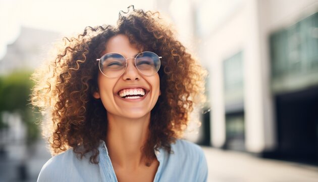 happy young woman wearing glasses showing toothy smile at camera