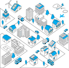 車が走るシンプルな街並みの俯瞰イラスト（青色）