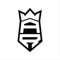 AR Letter Logo monogram hexagon shield shape up and down with crown isolated style design