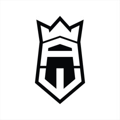 AW Letter Logo monogram hexagon shield shape up and down with crown isolated style design