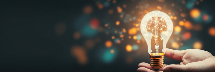 A hand holds a light bulb with glowing light on blurred background. Suitable for creativity, innovation, ideas, and inspiration concepts in design, marketing, education, and technology visuals. - obrazy, fototapety, plakaty