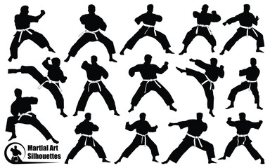 Collection of Martial art silhouettes in different poses - obrazy, fototapety, plakaty
