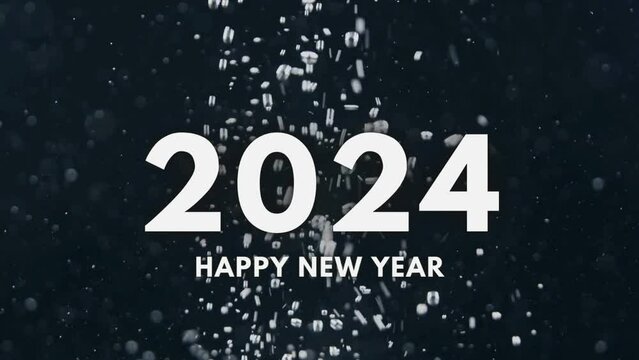 Happy New Year 2024 with tiny white particles explosion concept.  New Year 2024 celebration. 2024