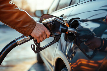 a close up image of a hand filling up a car with gas at a gas station - obrazy, fototapety, plakaty