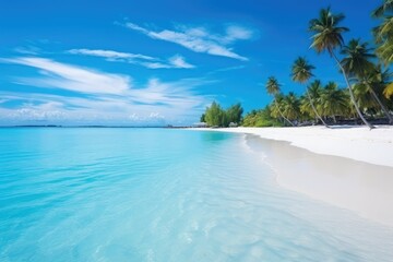 beach with coconut trees, beach with sky, seascape and sun on blue sky background