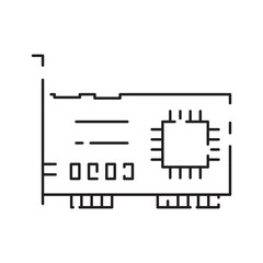 Computer hardware line icon. Graphic card or processor and RAM. GPU or CPU and cooler. Case with motherboard. Vector SSD cable with fan. Computer details